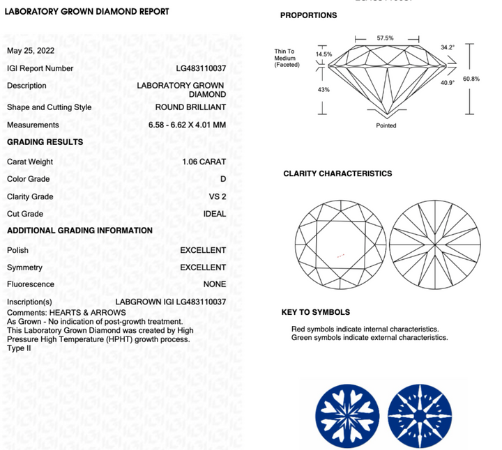 1.01CT Round D VS1 IDEAL 3EX NONE (H&A)- LG483110037 - Roselle Jewelry